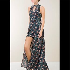 Entro Long Romper Navy Floral Maxi Mock Neck Medium Summer